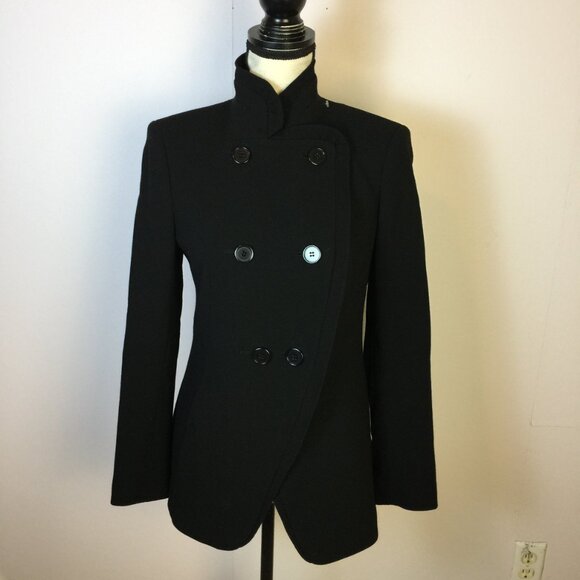 Vtg Ann Taylor Jacket Blazer 8P Womans Black Wool Double Breasted Ruffle Collar - Picture 1 of 15